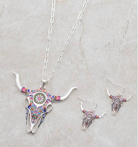 Multicolored Steer Head Jewelry Set