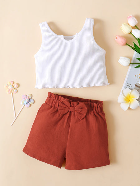 Girls Ribbed Notched Tank and Bow Detail Shorts Set