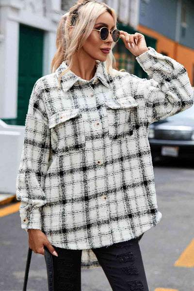 Plaid Dropped Shoulder Collared Jacket