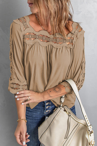 Crochet Openwork Three-Quarter Sleeve Blouse