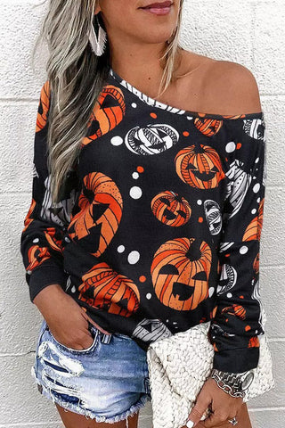 One Shoulder Jack-O'-Lantern Graphic Sweatshirt