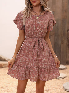 Printed Tie-Waist Petal Sleeve Ruffle Hem Dress