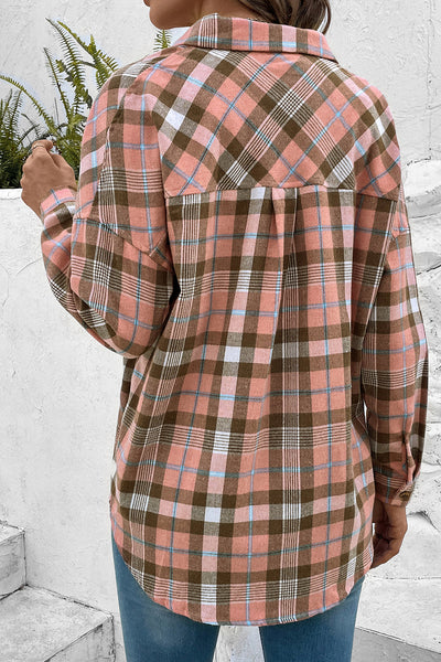 Plaid Collared Neck Long Sleeve Button-Up Shirt