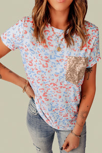 Leopard Contrast Sequin Short Sleeve Tee