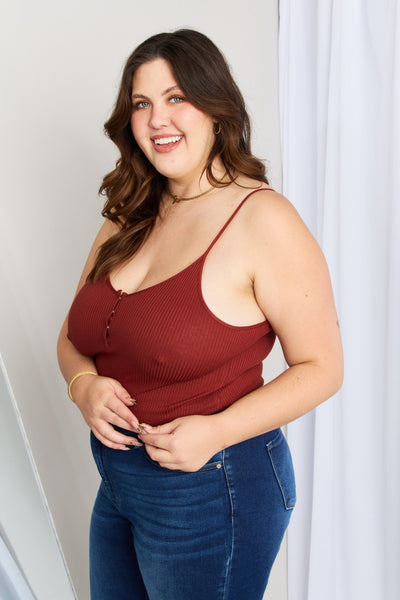 Zenana Full Size Quarter-Snap Ribbed Cami in Dk Rust