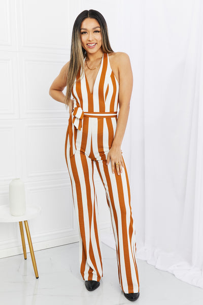 Dress Day Striped Halter Neck Belted Jumpsuit