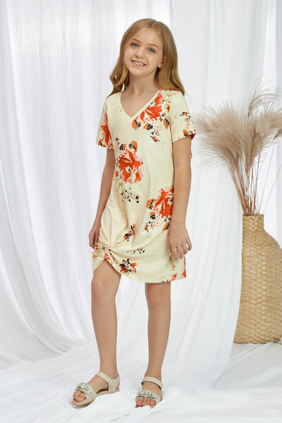 Girls Floral V-Neck Twisted Dress