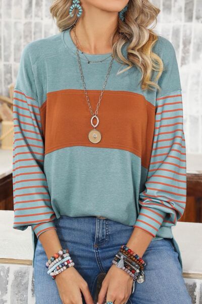 Striped Round Neck Lantern Sleeve Sweatshirt