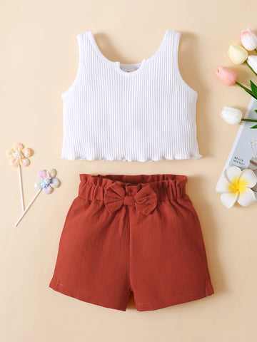 Girls Ribbed Notched Tank and Bow Detail Shorts Set