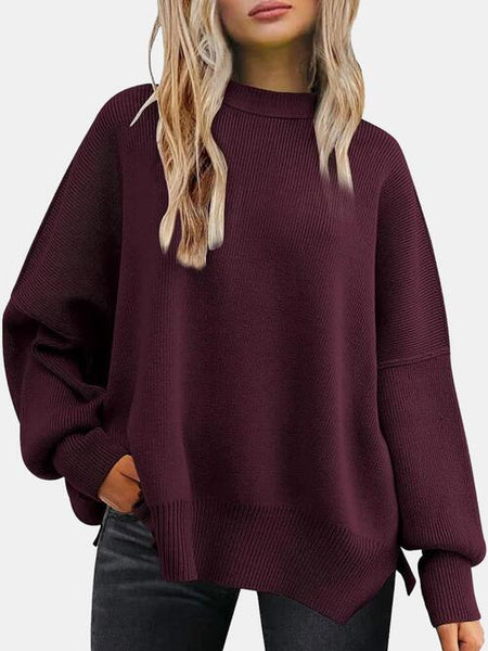 Round Neck Drop Shoulder Slit Sweater