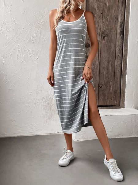 Striped Spaghetti Strap Slit Midi Dress