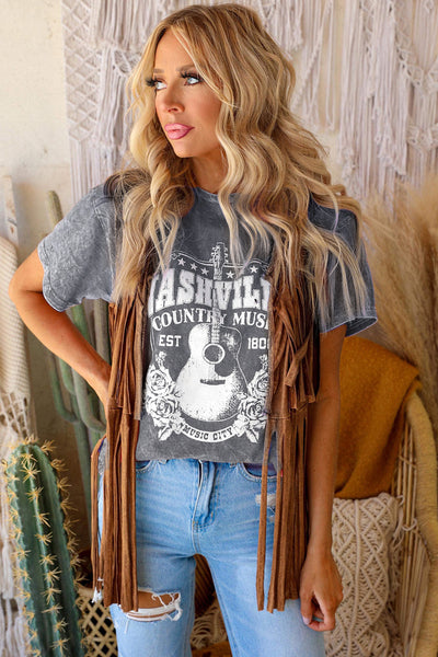 NASHVILLE COUNTRY MUSIC Graphic Round Neck Tee Shirt