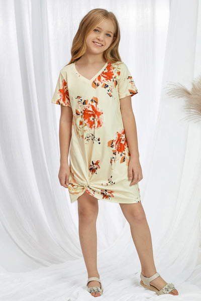 Girls Floral V-Neck Twisted Dress