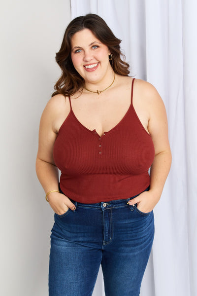 Zenana Full Size Quarter-Snap Ribbed Cami in Dk Rust