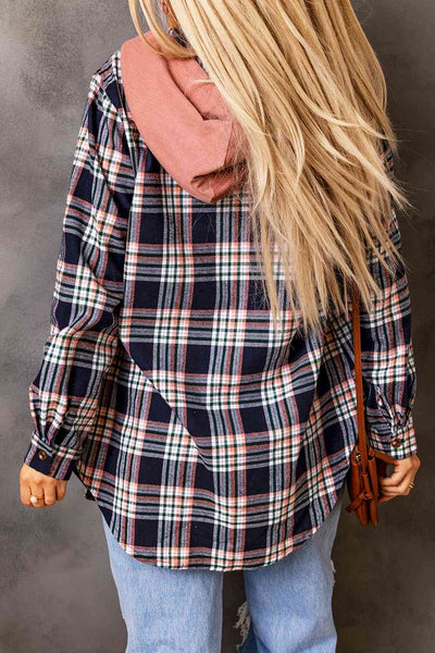 Plaid Drawstring Hooded Jacket with Pockets