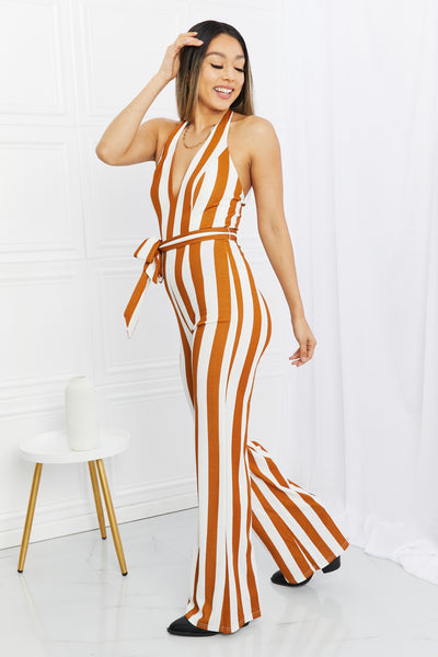 Dress Day Striped Halter Neck Belted Jumpsuit