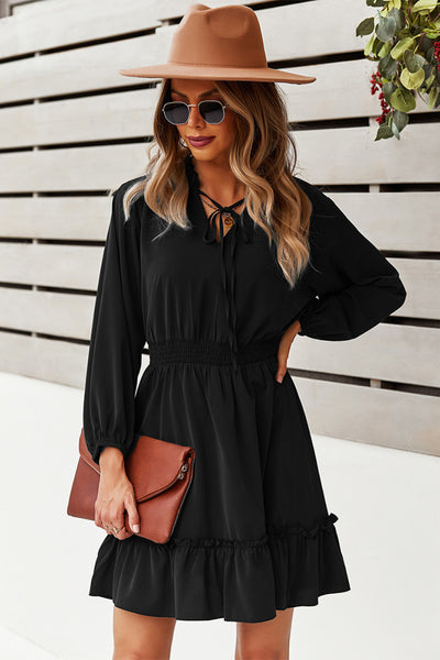 Tie Neck Smocked Waist Ruffle Hem Dress