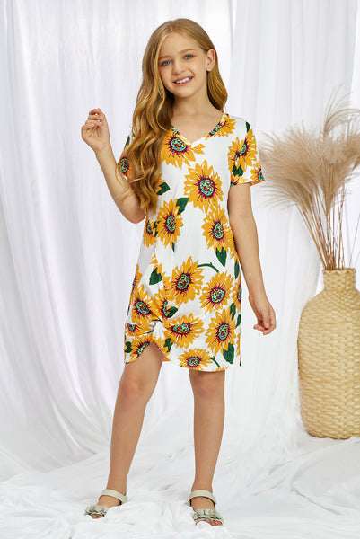 Girls Floral V-Neck Twisted Dress