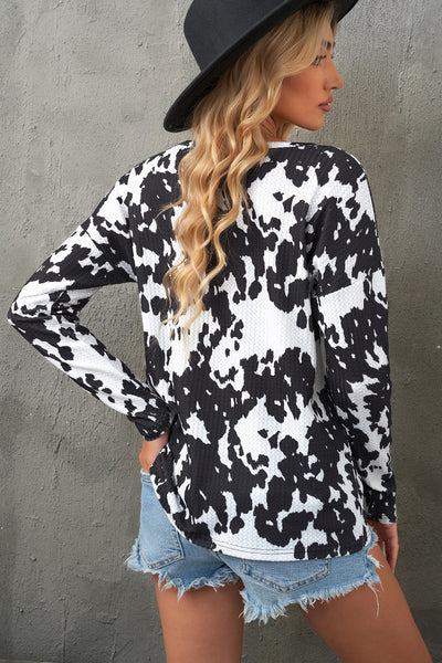 Cow Print Round Neck Long Sleeve Top