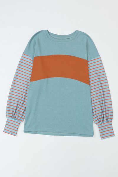 Striped Round Neck Lantern Sleeve Sweatshirt