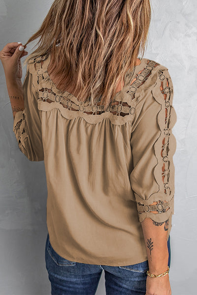 Crochet Openwork Three-Quarter Sleeve Blouse