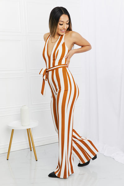 Dress Day Striped Halter Neck Belted Jumpsuit