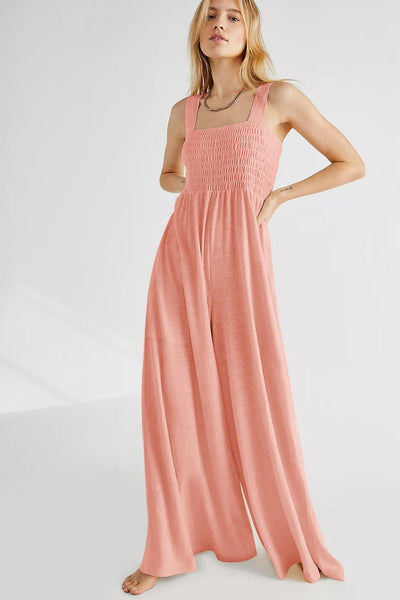 Smocked Square Neck Wide Leg Jumpsuit with Pockets