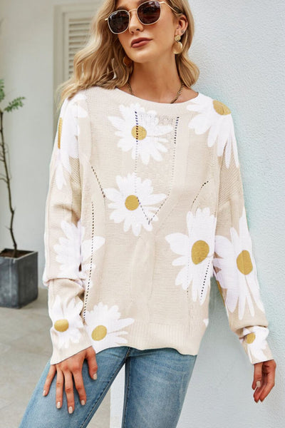 Daisy Print Openwork Round Neck Sweater