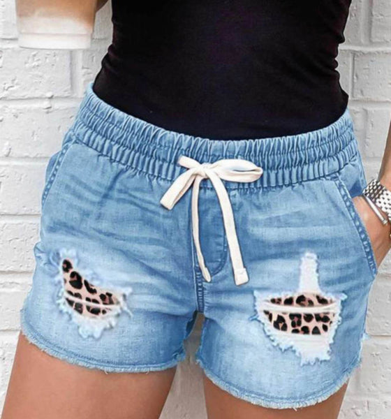 Distressed Leopard Patchwork Denim Shorts