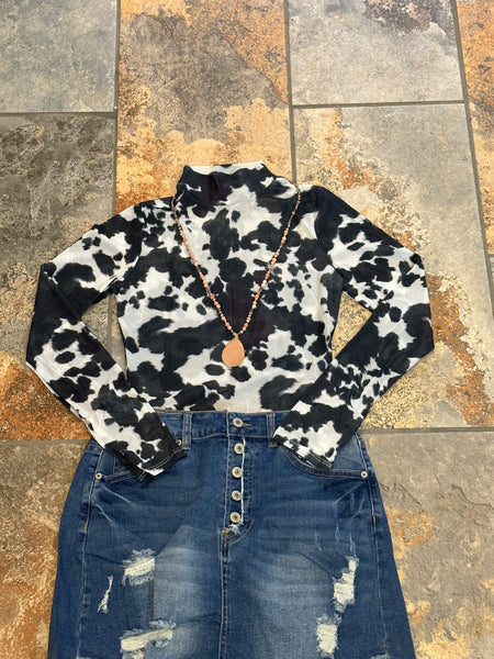 Cow Print Mesh Long Sleeve Bodysuit