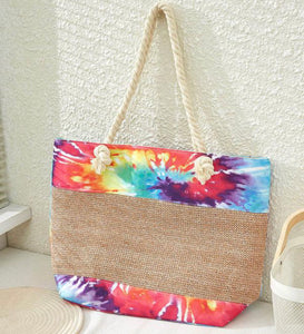 Bright Tie Dye Trim Straw Beach Tote