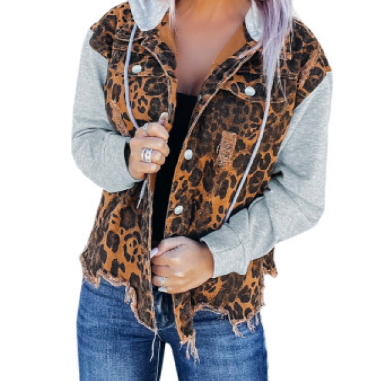 Leopard Distressed Hooded Denim Jacket