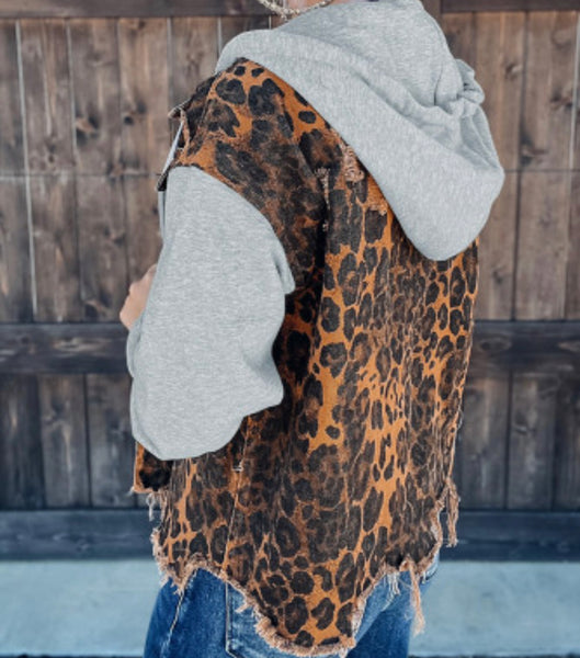 Leopard Distressed Hooded Denim Jacket