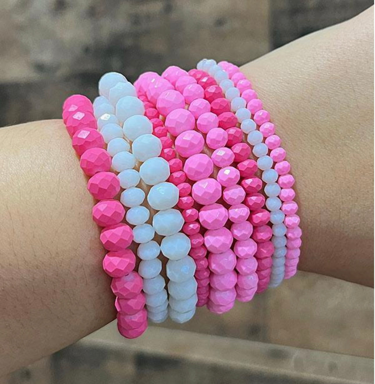 9 Piece Beaded Bracelet Set Pink & White