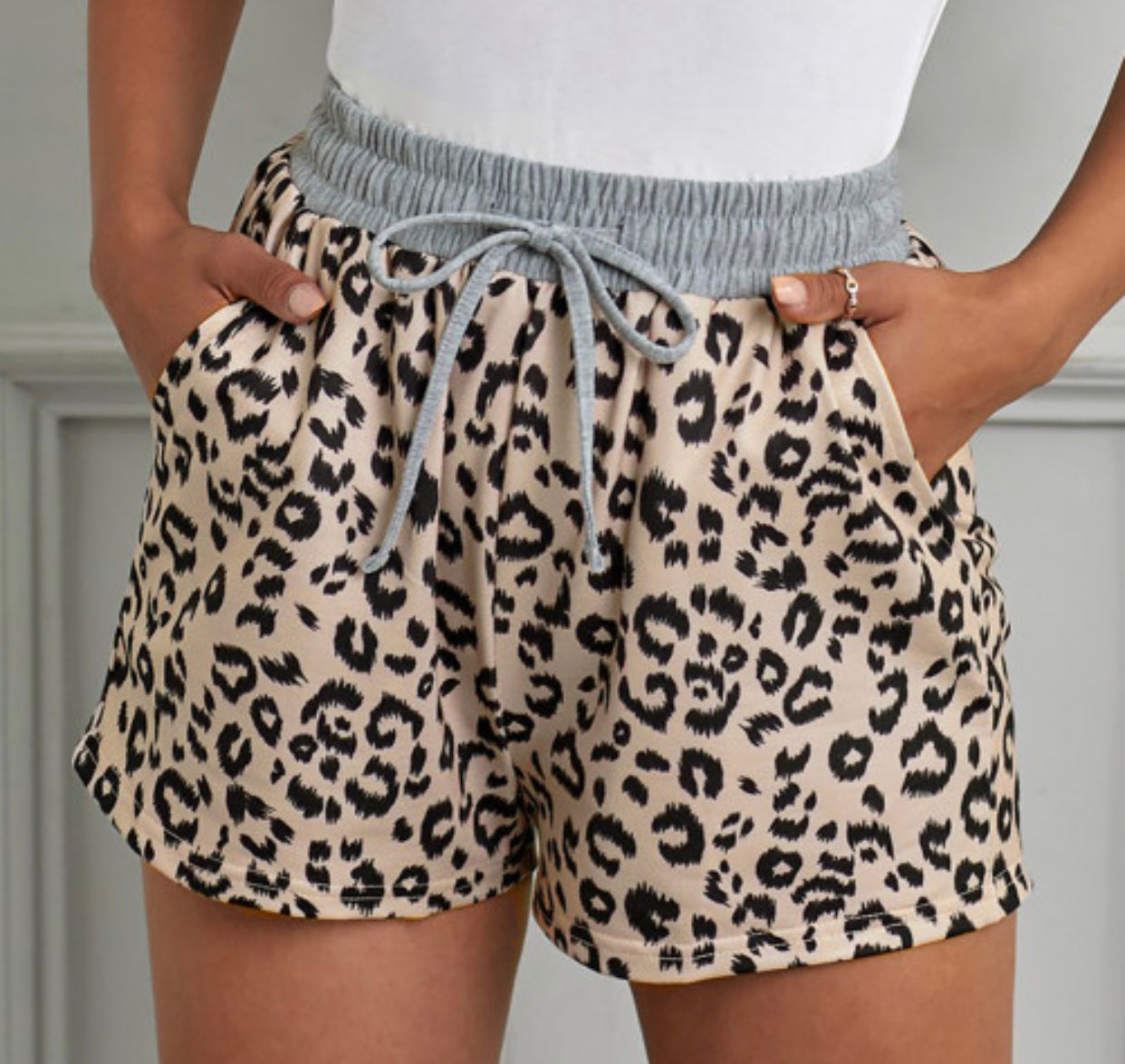 Khaki Leopard Drawstring Shorts