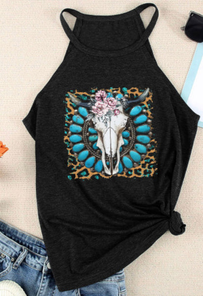 Black Western Turquoise Floral Steer Head Tank