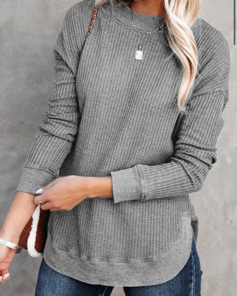 Gray Crew Neck Waffle Knit Top