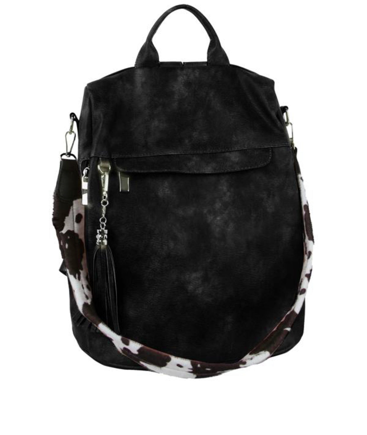 Black Cow Print Strap Convertible Backpack