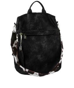 Black Cow Print Strap Convertible Backpack