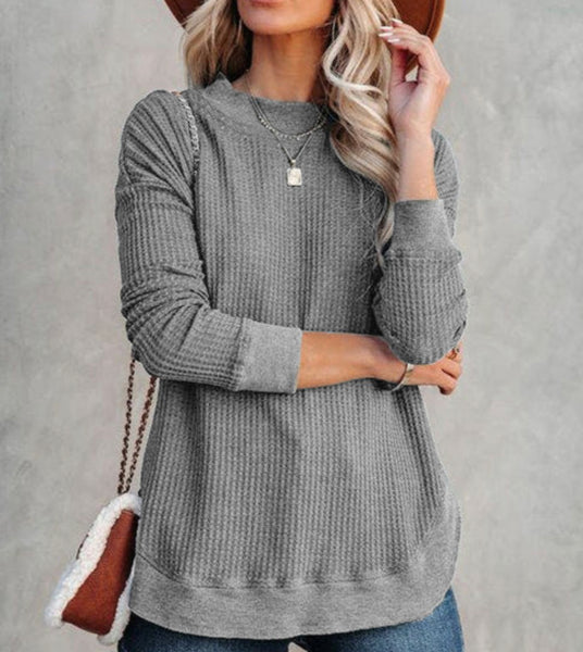 Gray Crew Neck Waffle Knit Top