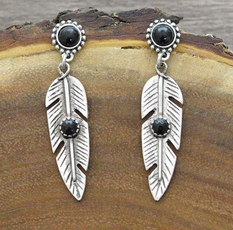 Feather Black Stone Earrings