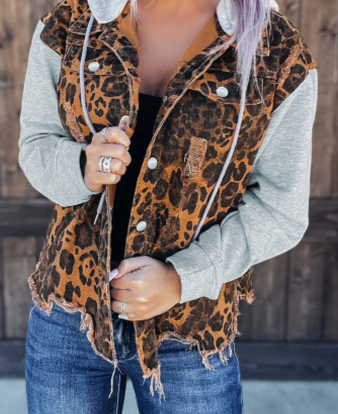 Leopard Distressed Hooded Denim Jacket