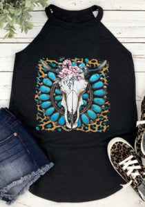 Black Western Turquoise Floral Steer Head Tank